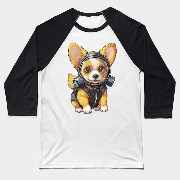 Pembroke Welsh Corgi Dog Wearing Gas Mask Baseball T-Shirt by Chromatic Fusion Studio